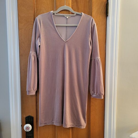 Madewell Soft V-Neck Velvet Sheath Dress with Balloon Sleeves, Dusty Rose, Sz S - Picture 4 of 10